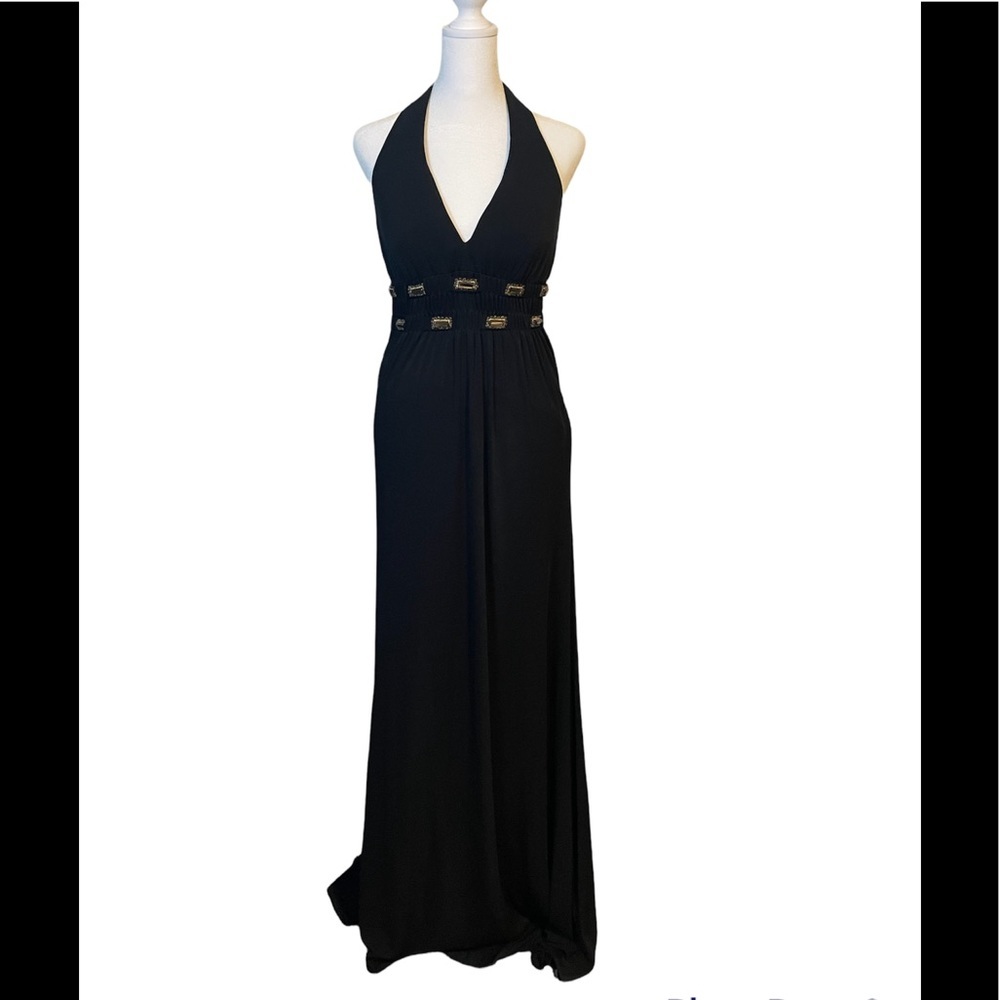Alberto Makali Black Halter-Neck with Embellished Jeweled Maxi Dress